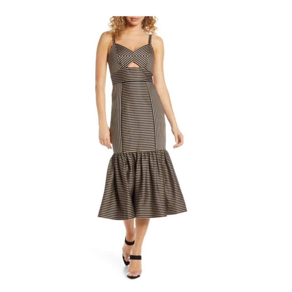 EVER NEW Black Rio Stripe Ruffle-hem Midi Dress